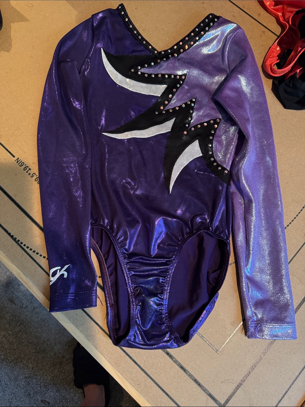GK Girls' Purple Metallic Long Sleeve Gymnastics Leotard with Accent Detail